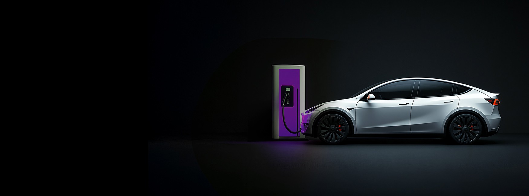 3D illustration of a gray electric sedan attached to an off-board charging unit.