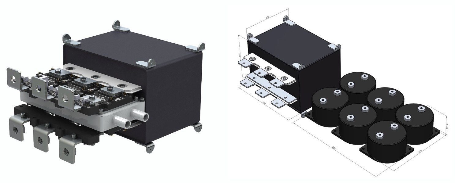 Figure 5: The custom DC-link capacitor (left) and a to-scale size comparison with six standard cylindrical caps