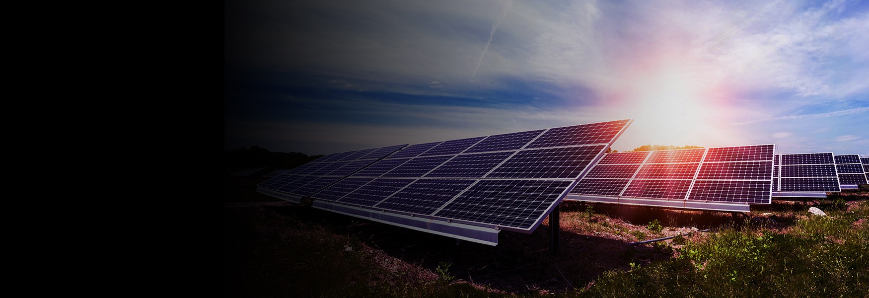 Stock image of solar panels with the sun in the horizon in the background.