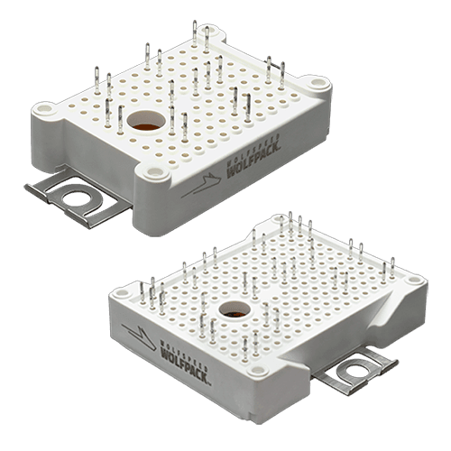 Composite image of two Wolfspeed WolfPACK™ Silicon Carbide Power Modules stacked on each other.
