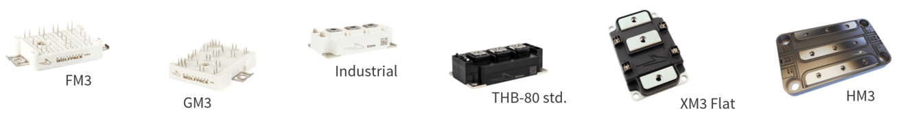 A long line of close-up product product photography. From the left to the right, in order, is the Wolfspeed WOLFpack FM3 module, the WOLFpack GM3 module, a BM2 module used for industrial applications, a BM3 THB-80 std, module, an XM3 flat module, and a HM3 module.