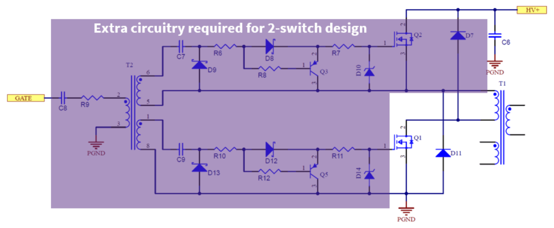 A circuit diagram with the label that reads &quot;Extra circuitry required for 2-switch design&quot;.