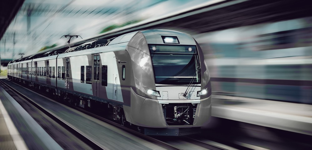 A photo of a bullet train taken from the front. This represents Wolfspeed products that support e-mobility projects using railways